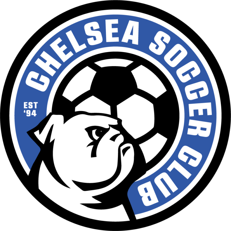 blue and white logo with a bulldog