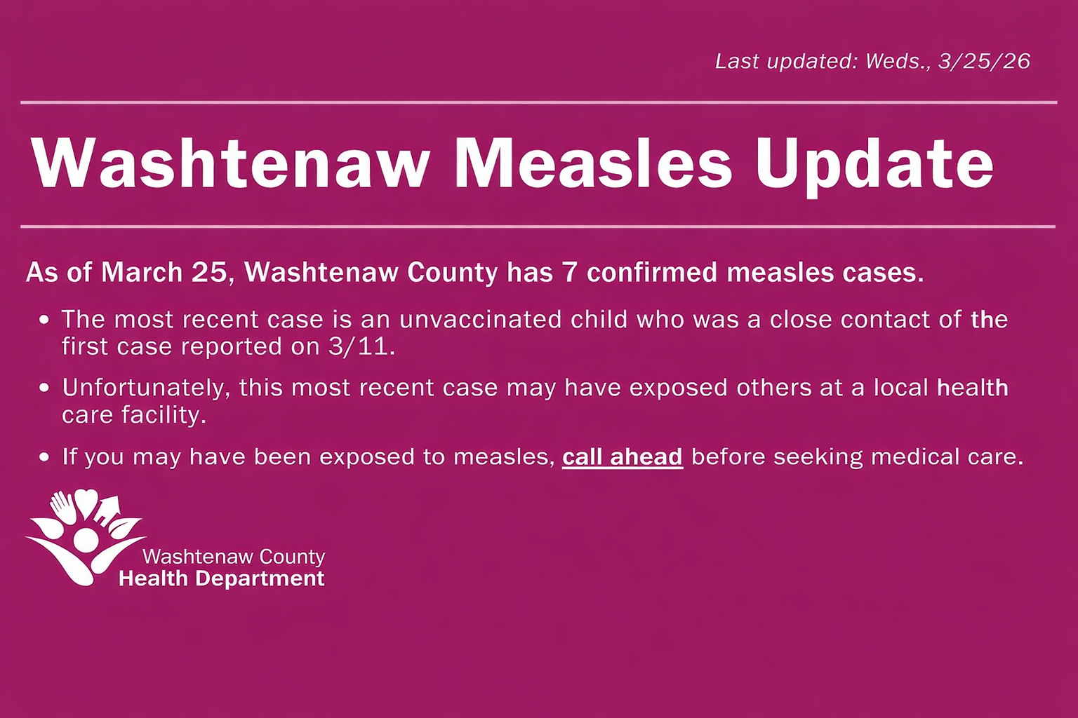 Washtenaw County Confirms 7th Measles Case, Adds New Exposure Site