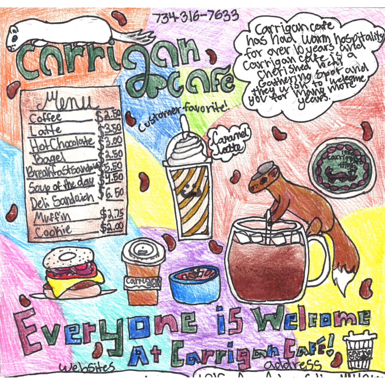 Student drawn ad for Carrigan Cafe