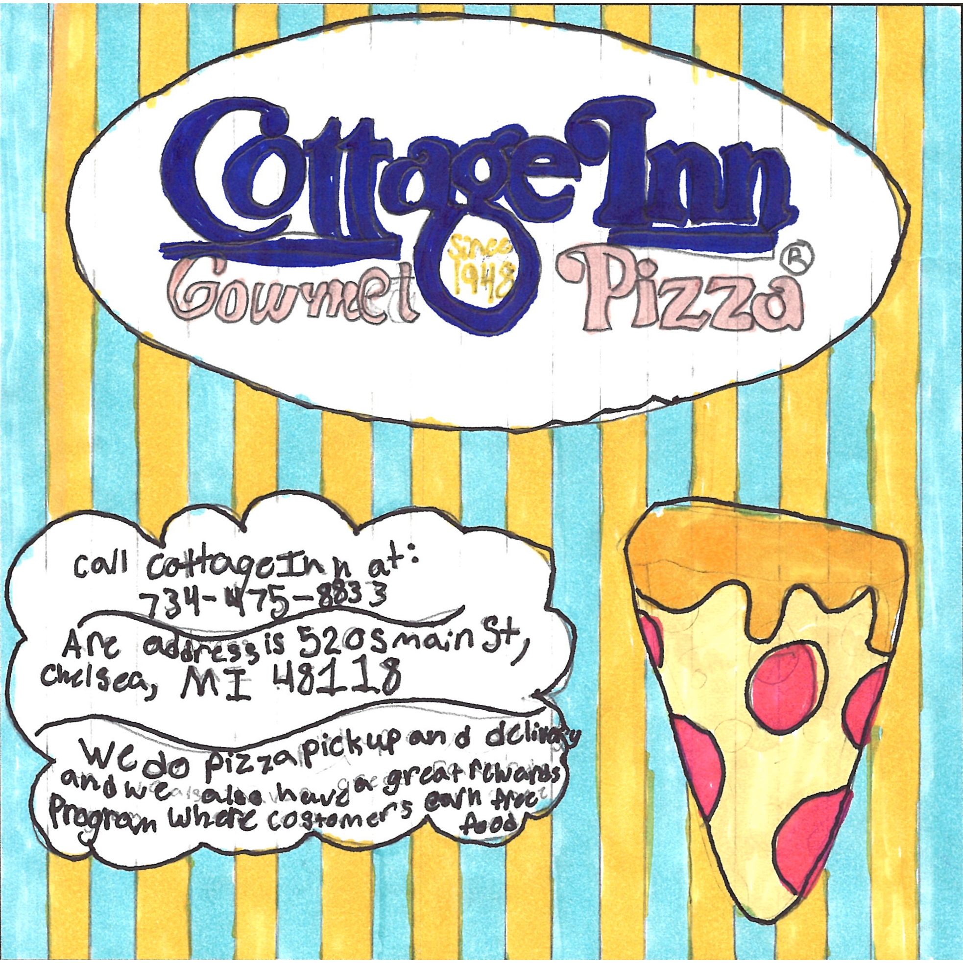 Student drawn ad for Cottage Inn Pizza