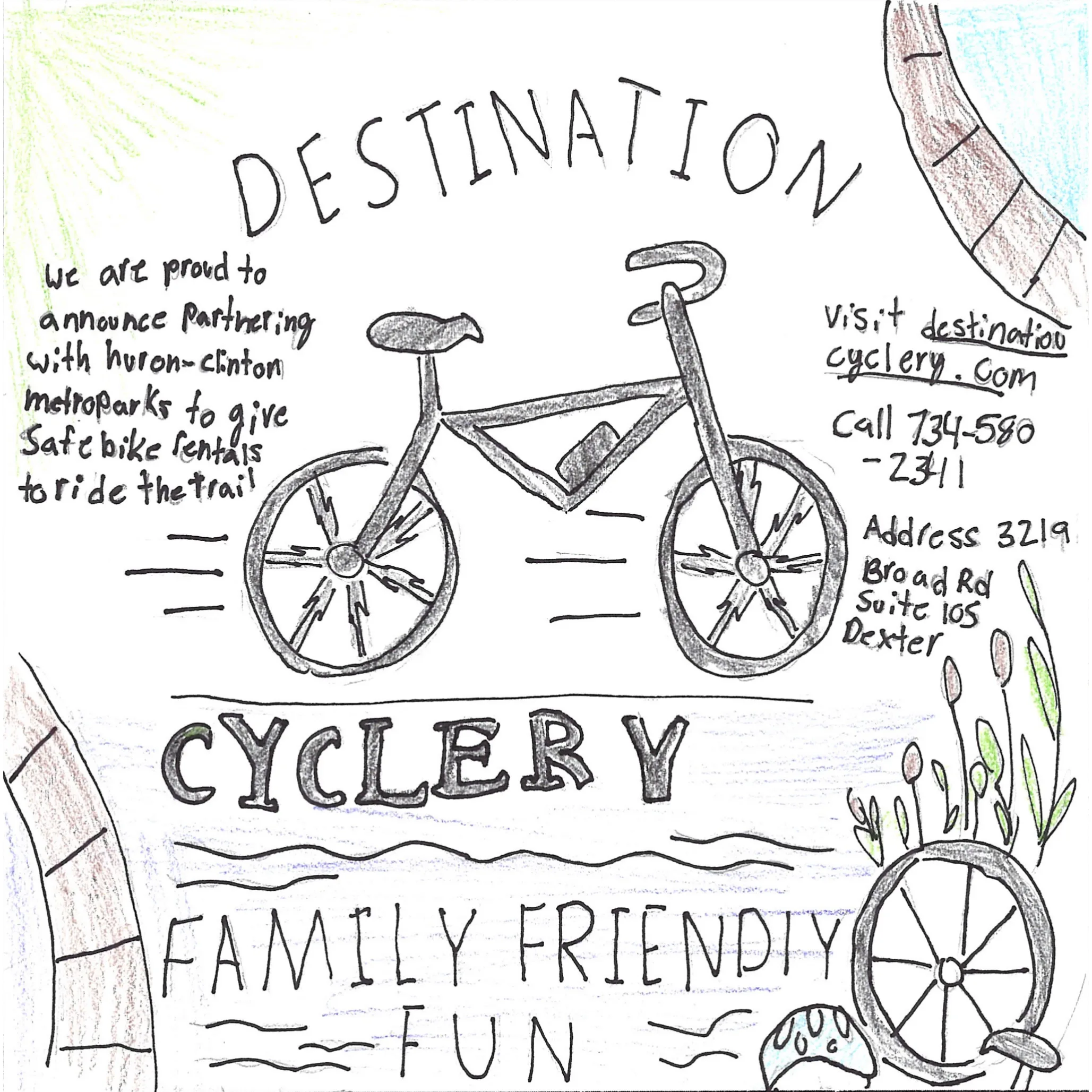 Student drawn ad for Destination Cyclery