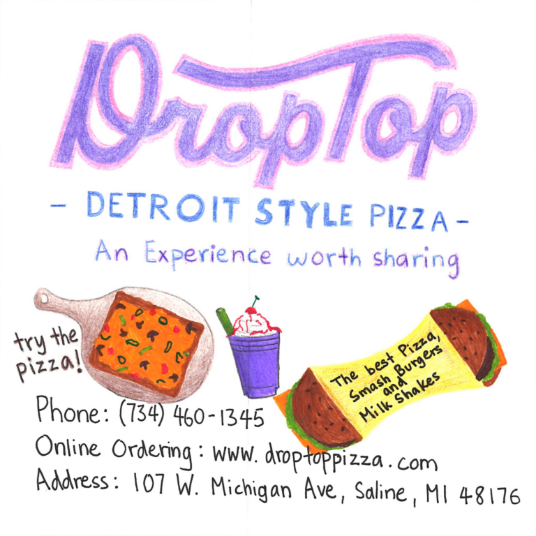 Student drawn ad for Droptop Pizza