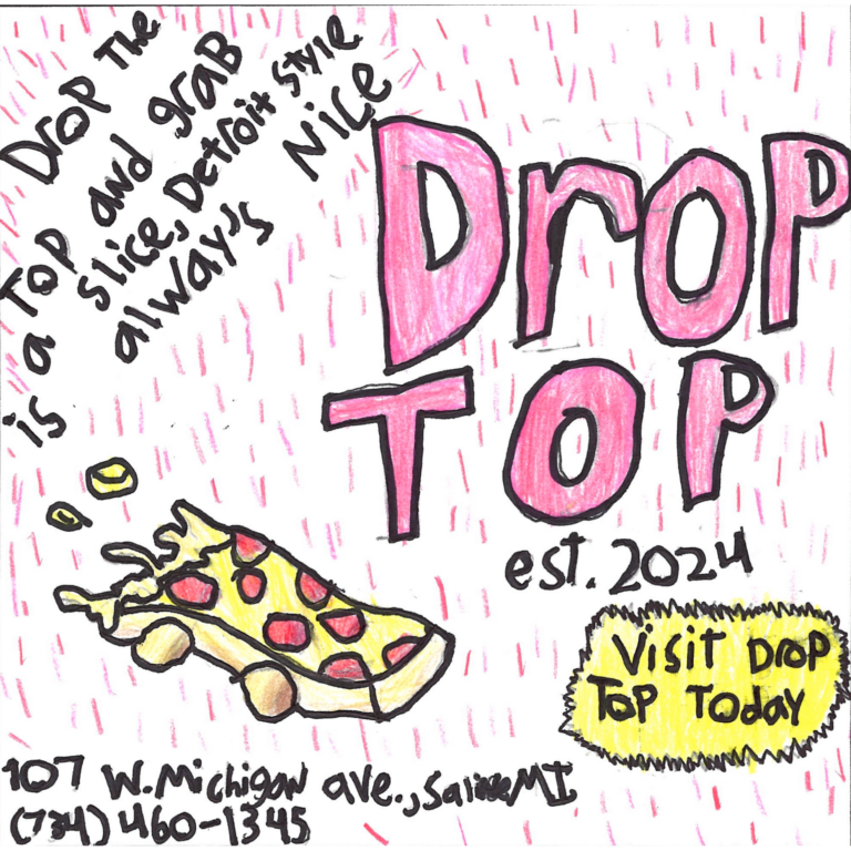 Student drawn ad for Droptop Pizza