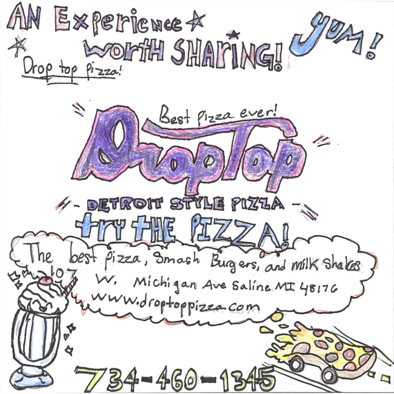 Student drawn ad for Droptop Pizza