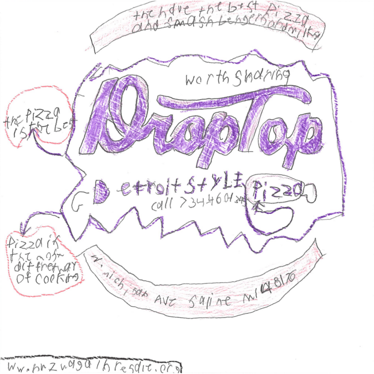Student drawn ad for Droptop Pizza