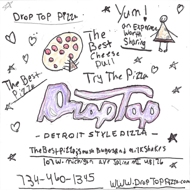 Student drawn ad for Droptop Pizza