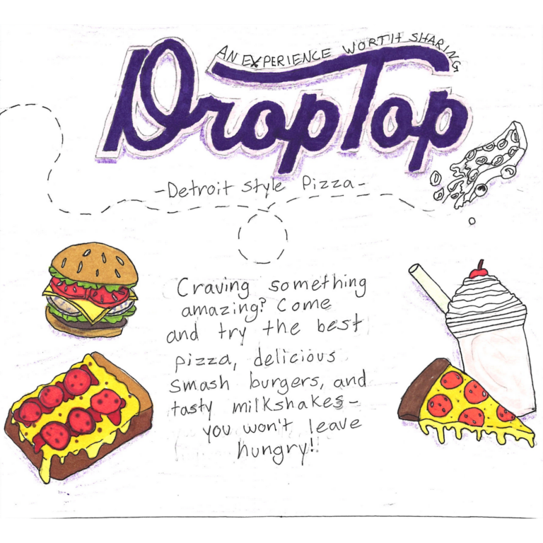 Student drawn ad for Droptop Pizza