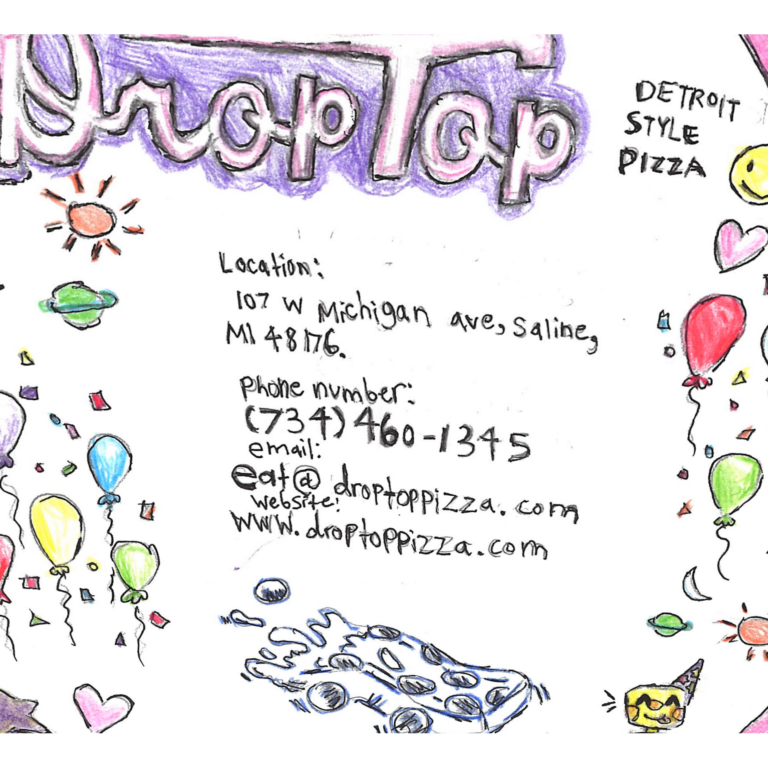 Student drawn ad for Droptop Pizza