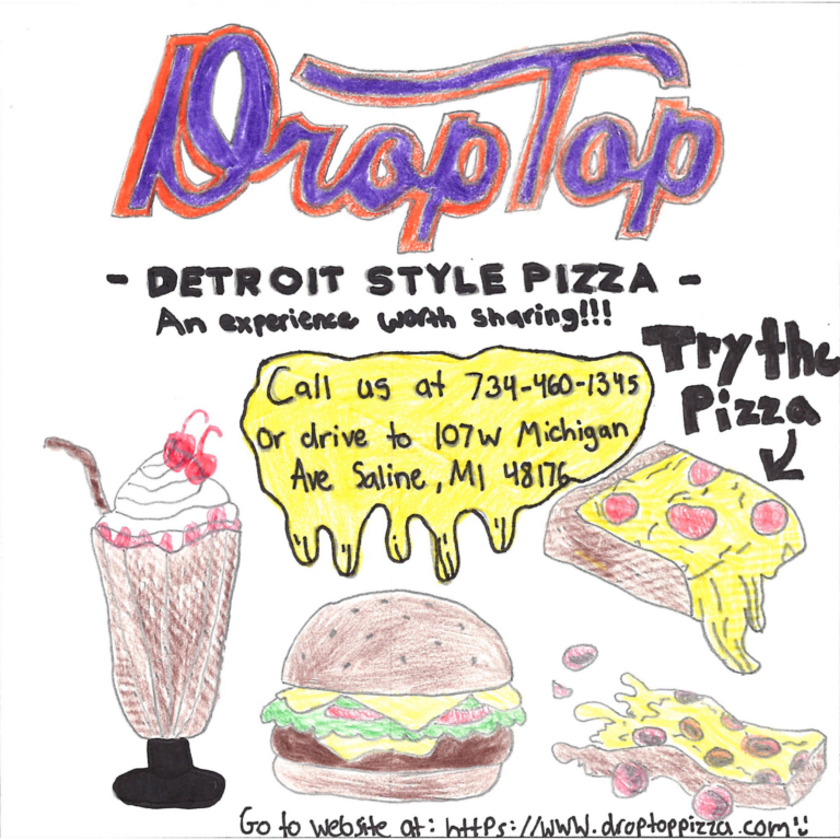 Student drawn ad for Droptop Pizza