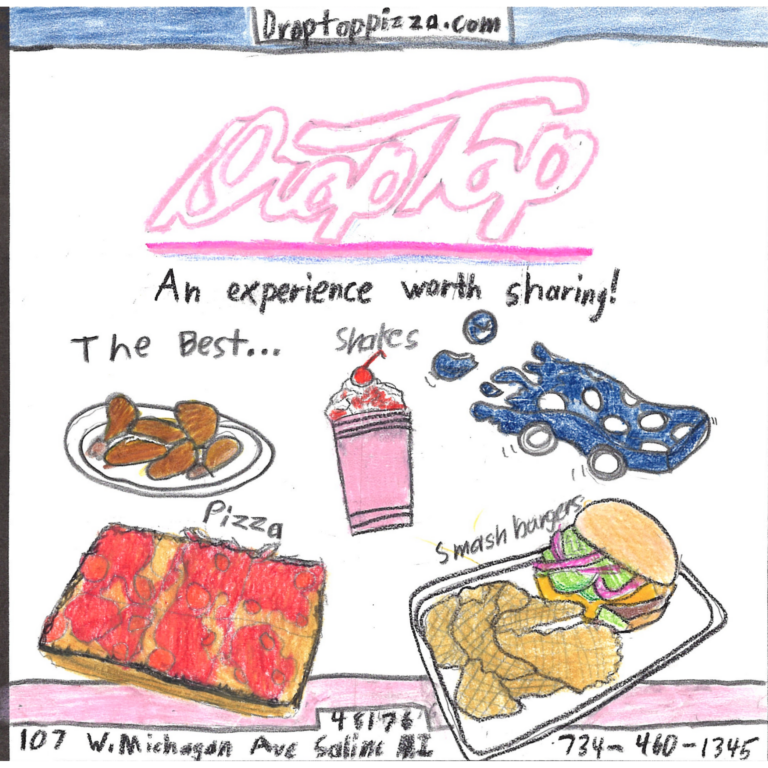 Student drawn ad for Droptop Pizza