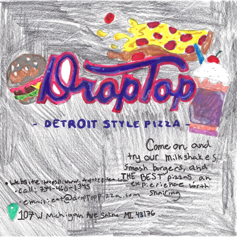 Student drawn ad for Droptop Pizza