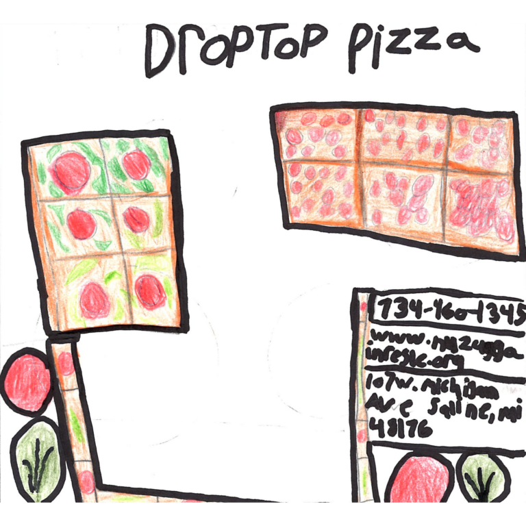 Student drawn ad for Droptop Pizza