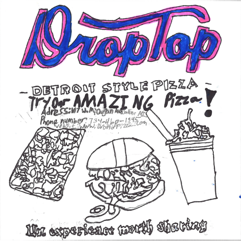 Student drawn ad for Droptop Pizza