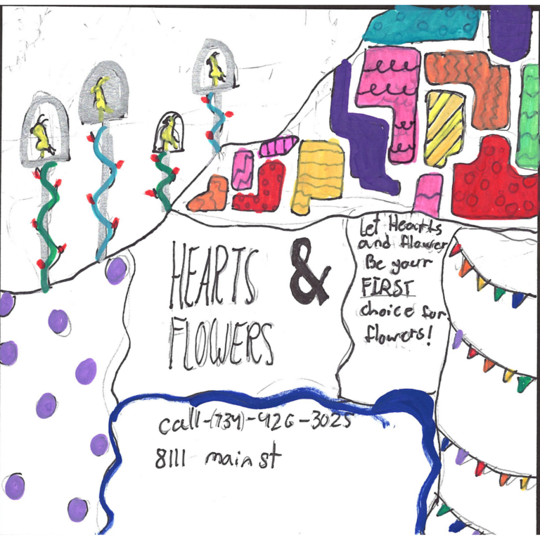 Student drawn ad for Hearts and Flowers