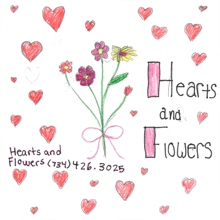 Student drawn ad for Hearts and Flowers