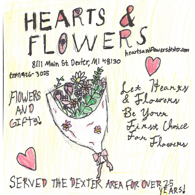 Student drawn ad for Hearts and Flowers