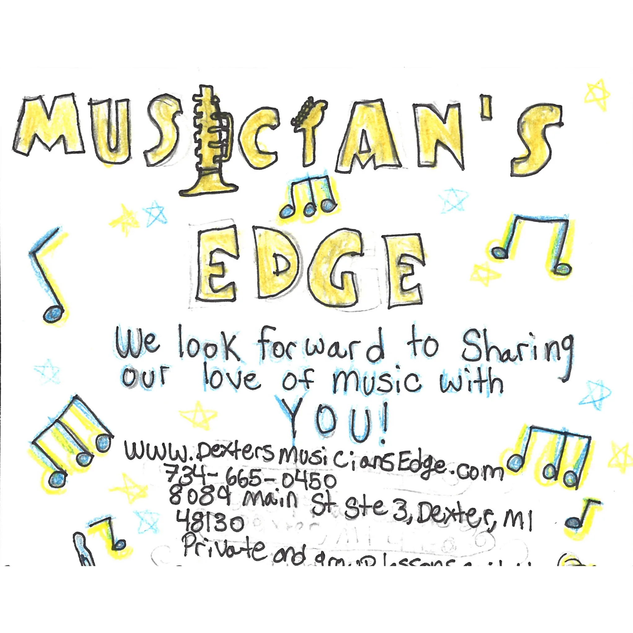 Student drawn ad for Musician's Edge