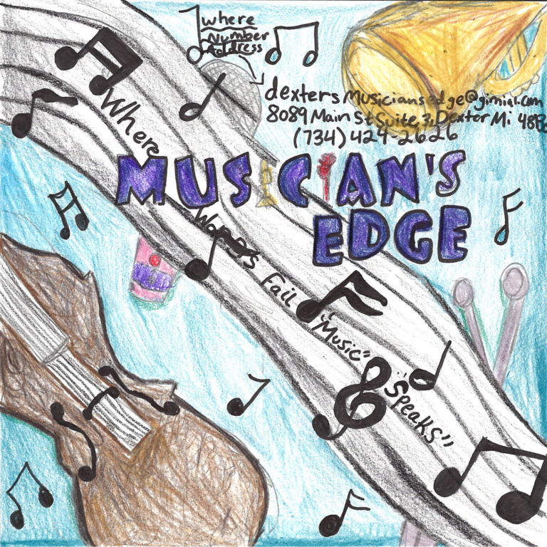 Student drawn ad for Musician's Edge