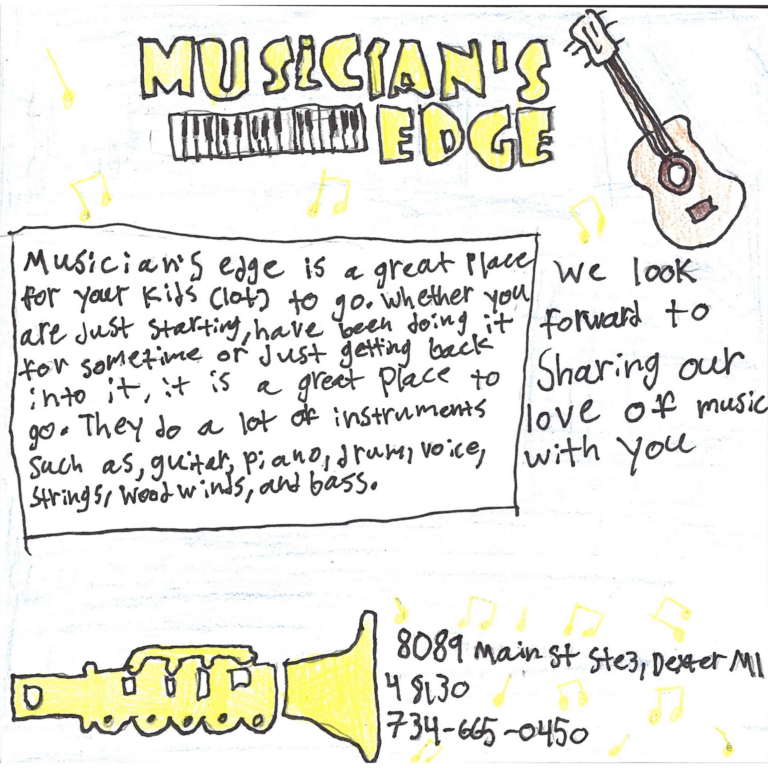 Student drawn ad for Musician's Edge