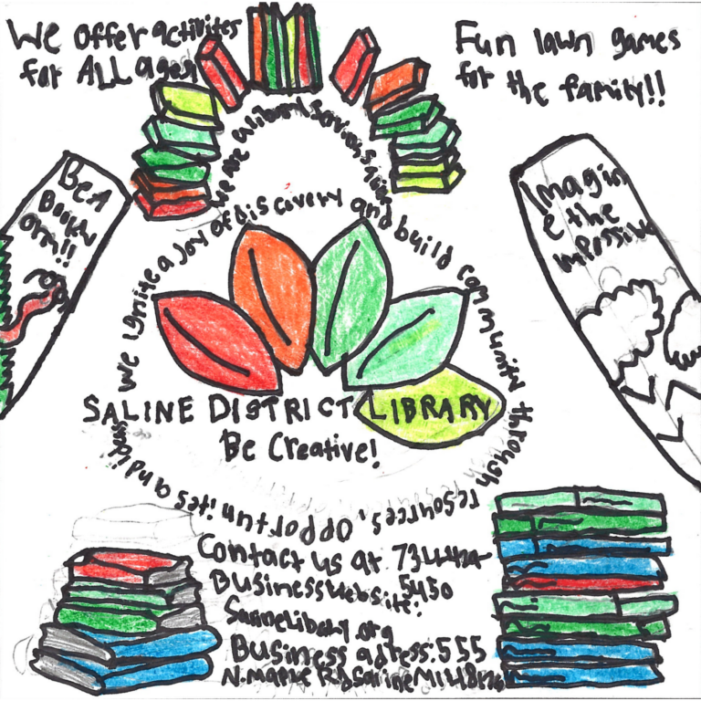 Student drawn ad for Saline District Library