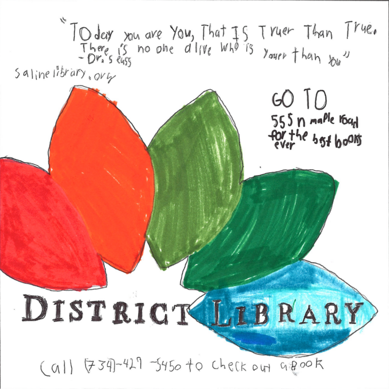 Student drawn ad for Saline District Library
