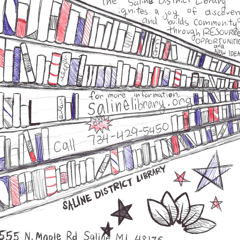 Student drawn ad for Saline District Library