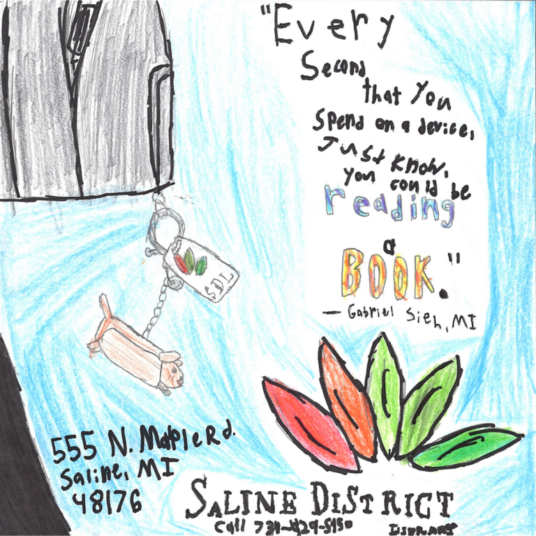 Student drawn ad for Saline District Library