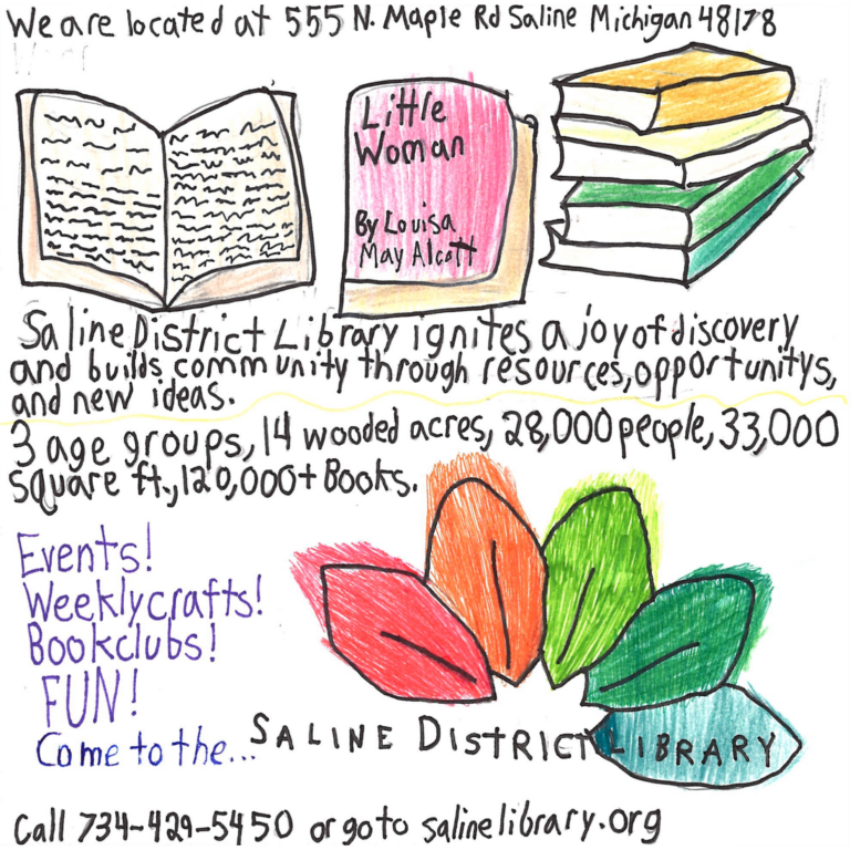 Student drawn ad for Saline District Library