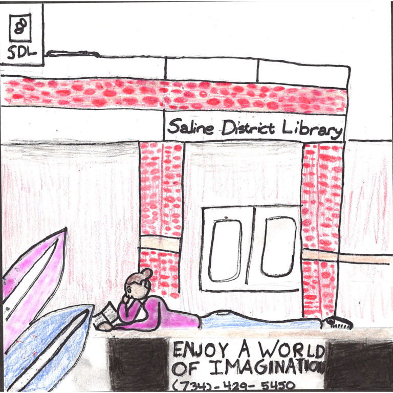 Student drawn ad for Saline District Library