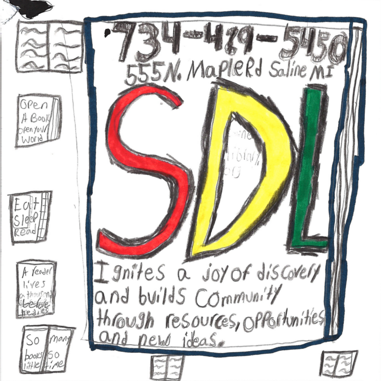 Student drawn ad for Saline District Library