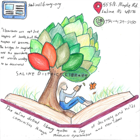 Student drawn ad for Saline District Library