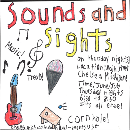 Student drawn ad for Sounds and Sights Festival