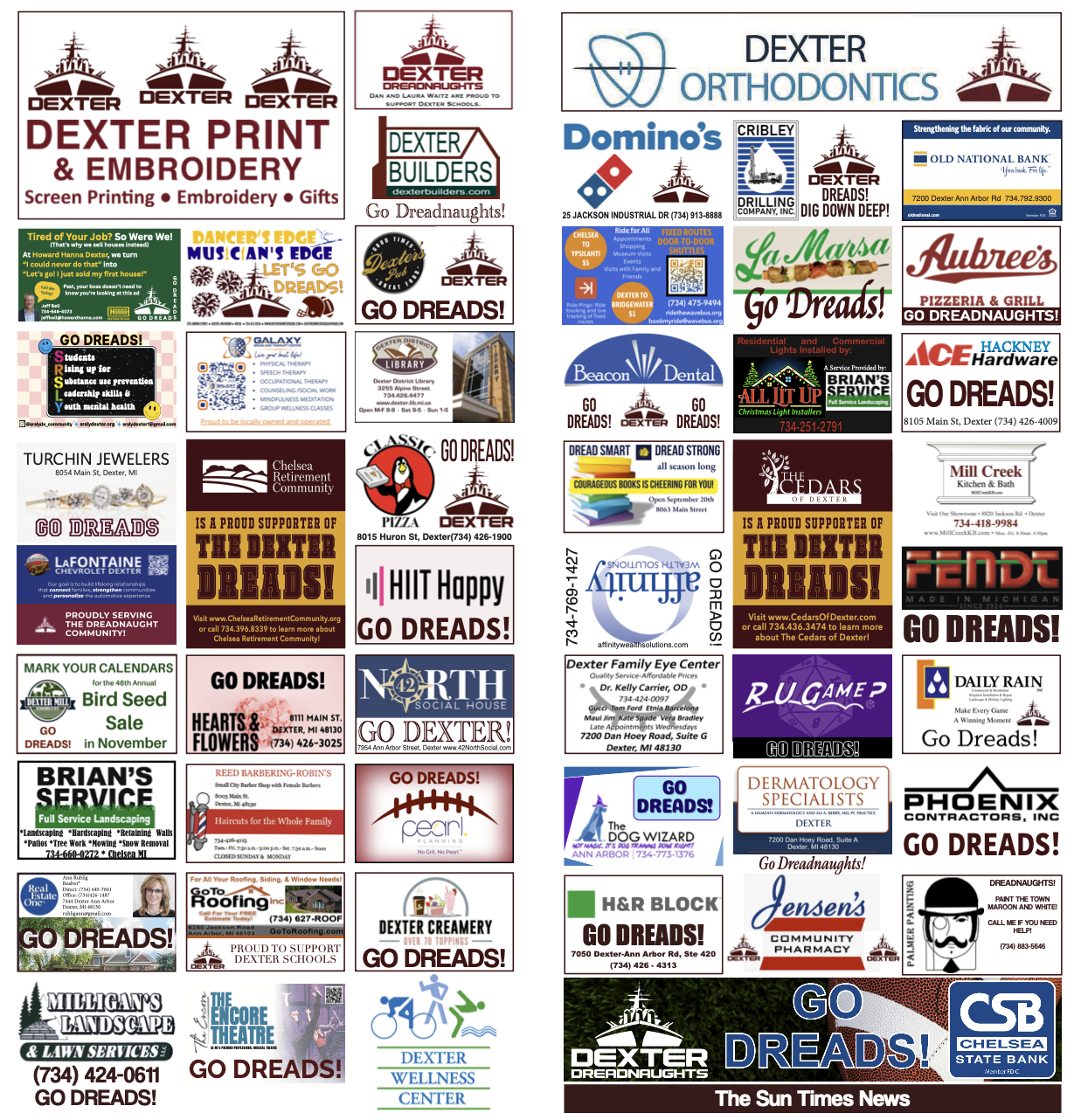 Dexter Dreadnaughts Spirit Page — back with local business ads