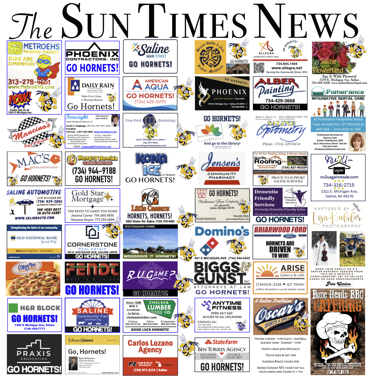 Saline Hornets Spirit Page — back with local business ads